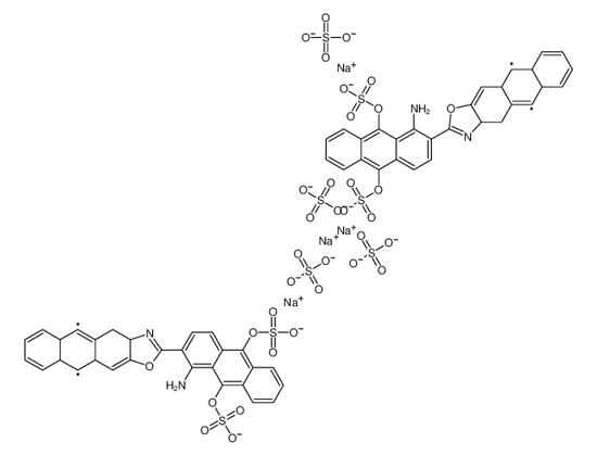 Picture of tetrasodium,[2-(1-amino-9,10-disulfonatooxyanthracen-2-yl)-5-sulfonatooxynaphtho[3,2-f][1,3]benzoxazol-10-yl] sulfate